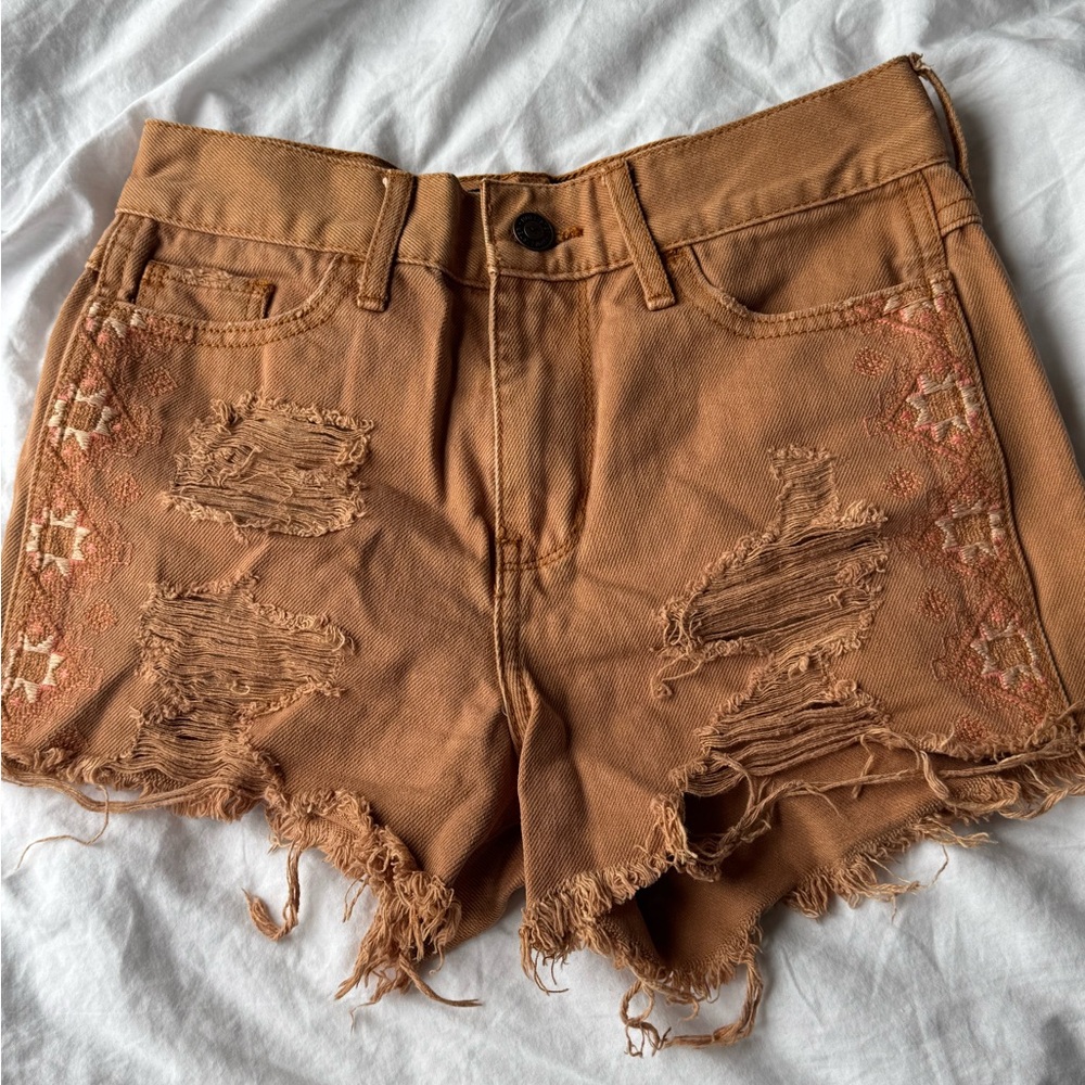 Embroidered Distressed Tan Shorts